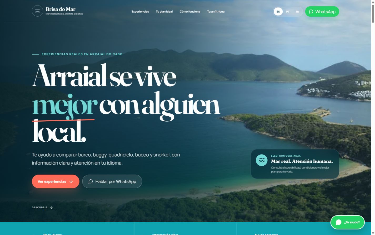 Home multilingüe de Brisa do Mar sobre experiencias turísticas en Arraial do Cabo